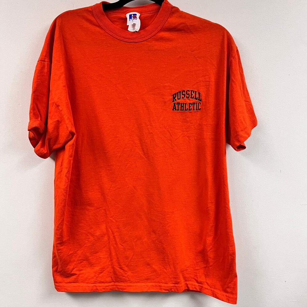 Vintage Men's Russel Athletic 100% Cotton Neon Orange embroidered tee LG